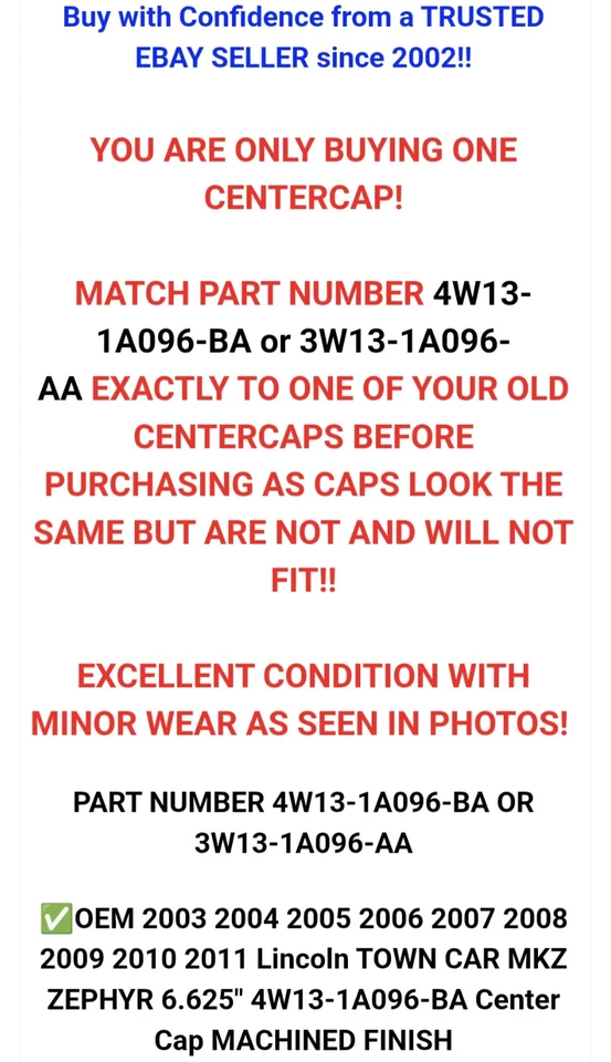 ✅Tapa central OEM 03-11 Lincoln TOWN CAR MKZ ZEPHYR 6.625" 4W13-1A096-BA MECANIZADO Foto 4 de 4