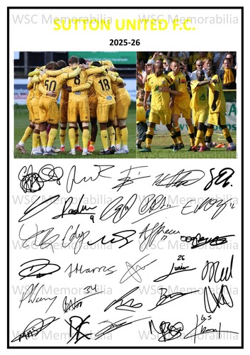 12597. Sutton United 2025-26 Signed Team Photo Sheet (PRINTED AUTOGRAPHS - A4)