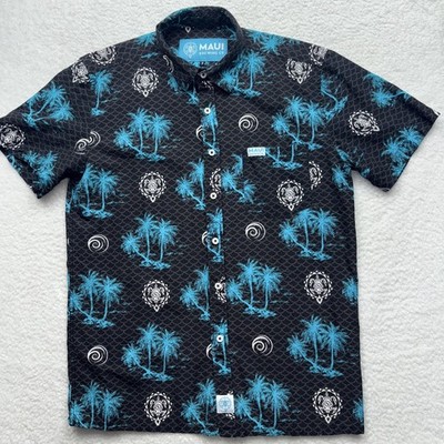 Maui Brewing Co Shirt Mens Small Black Blue Hawaiian Aloha Button Up Palm Island