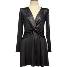 Altar'd State Long Sleeve Twisted Front Plunge Mini Dress Metallic Black Medium
