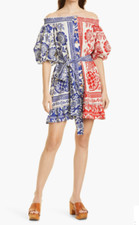 NWT $195 FARM Rio Pineapple Garden Colorblock Linen Blend Off the Shoulder Dress