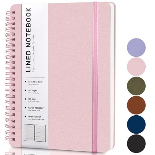 Lined Spiral Journal Notebook, A5 Hardcover Leather Notebook for Work, Pink