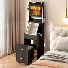 New Small Vanity Table Desk and LED Lights Makeup Table with Charging Station