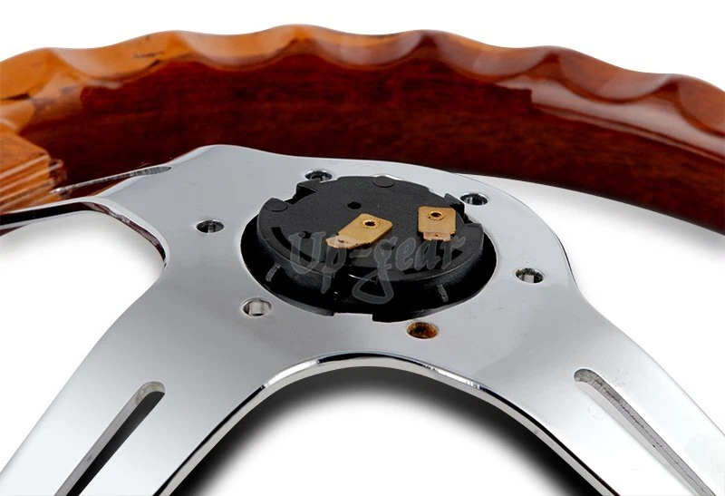 Universal 350MM 6-Hole Class Dark Wood Grip Chrome 3-Spoke Steering Wheel - Image 3 of 4