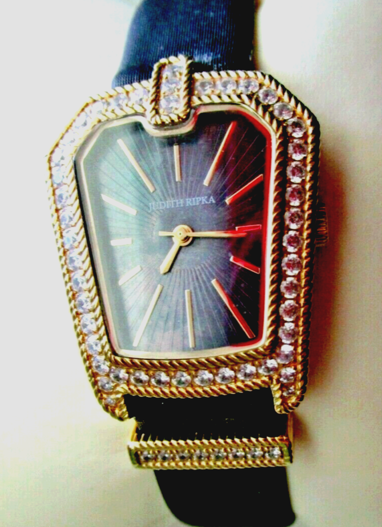NEW IN BOX DESIGNER JUDITH RIPKA GOLD TONE WRIST WATCH.. ANALOG Judith Ripka Deco Gold-tone Stainless Steel Black Leather  main image 4