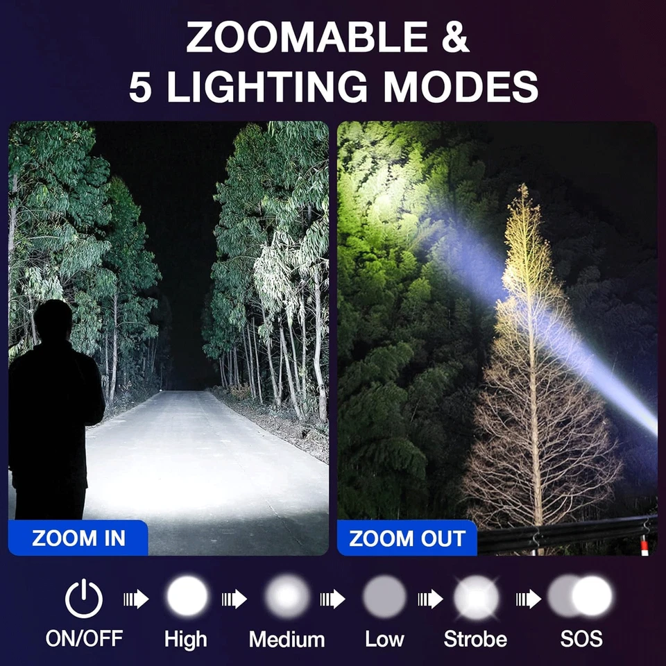 2 Pack LED Super Bright Flashlight Torch Tactical Lamp Zoomable 5 Modes Camping - Image 3 of 4