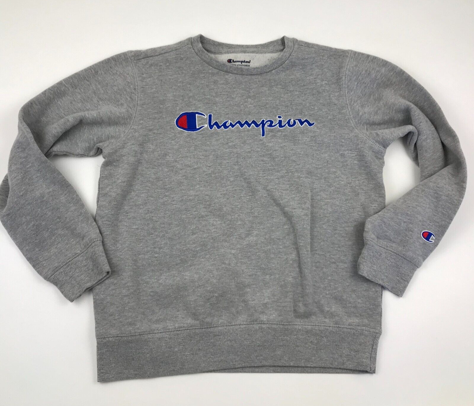Champion Sweater Youth Size Large L Gray Blue Pullover Long Sleeve Embroidered