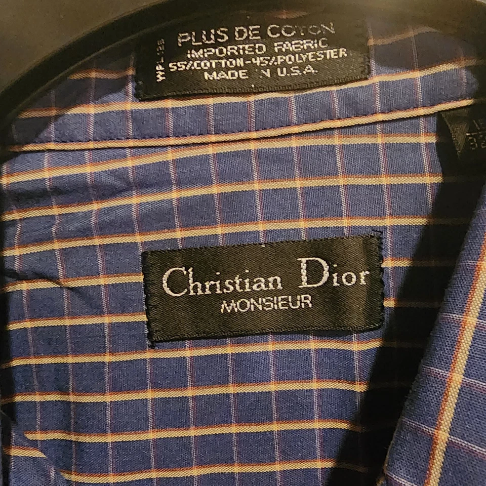 Camisa de vestir Christian Dior abotonada para hombre talla 15 1/2 32-33 azul a cuadros Foto 3 de 4