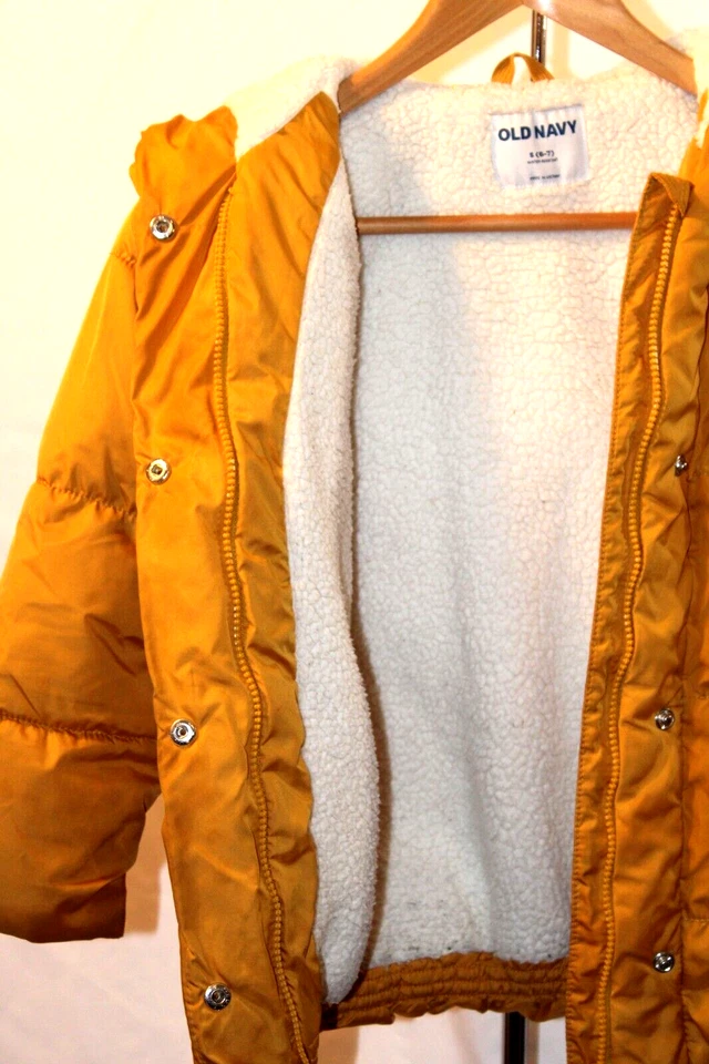 Antiguo abrigo acolchado dorado azul marino para niños talla S 6-7 resistente al agua cremallera bolsillo a presión Foto 4 de 4