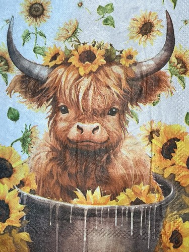 TWO Paper Lunch Napkins Decoupage/Mixed Media-Sunflower Highland Cow - 6.5x6.5” - Picture 2 of 4