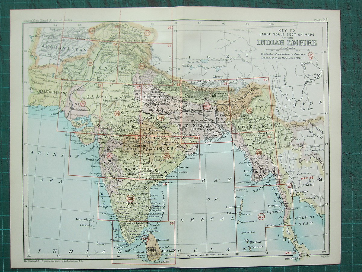 地図・旅行ガイド Wine Atlas of India 1893 INDIA EMPIRE MAP ~ INDIAN EMPIRE SHOWING KEY TO LARGE