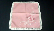 Vintage Embroidered Pink White Floral Handkerchief Crochet Lace Edge Hankie 11"