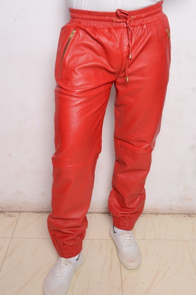 Men's Leather Joggers Pants Red Lambskin Biker Waist Size 28 32 34