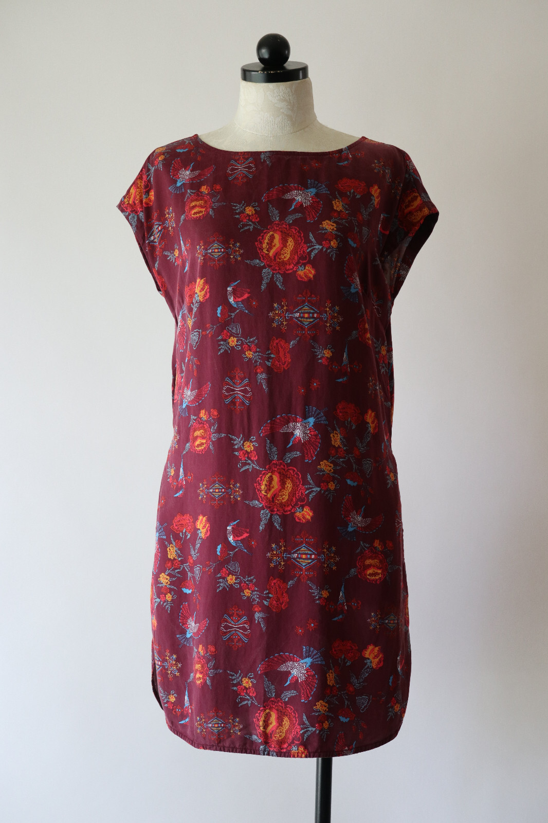 Patagonia Worn Wear Burgundy Colorful Lyocell Floral Bird Print Dress Women S thumbnail 9