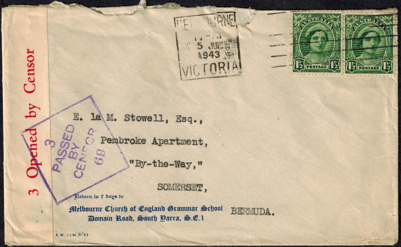 WWII Australia 1943 Censor Cover w/ Australia Censor Tape #3 & Censor H/S #69