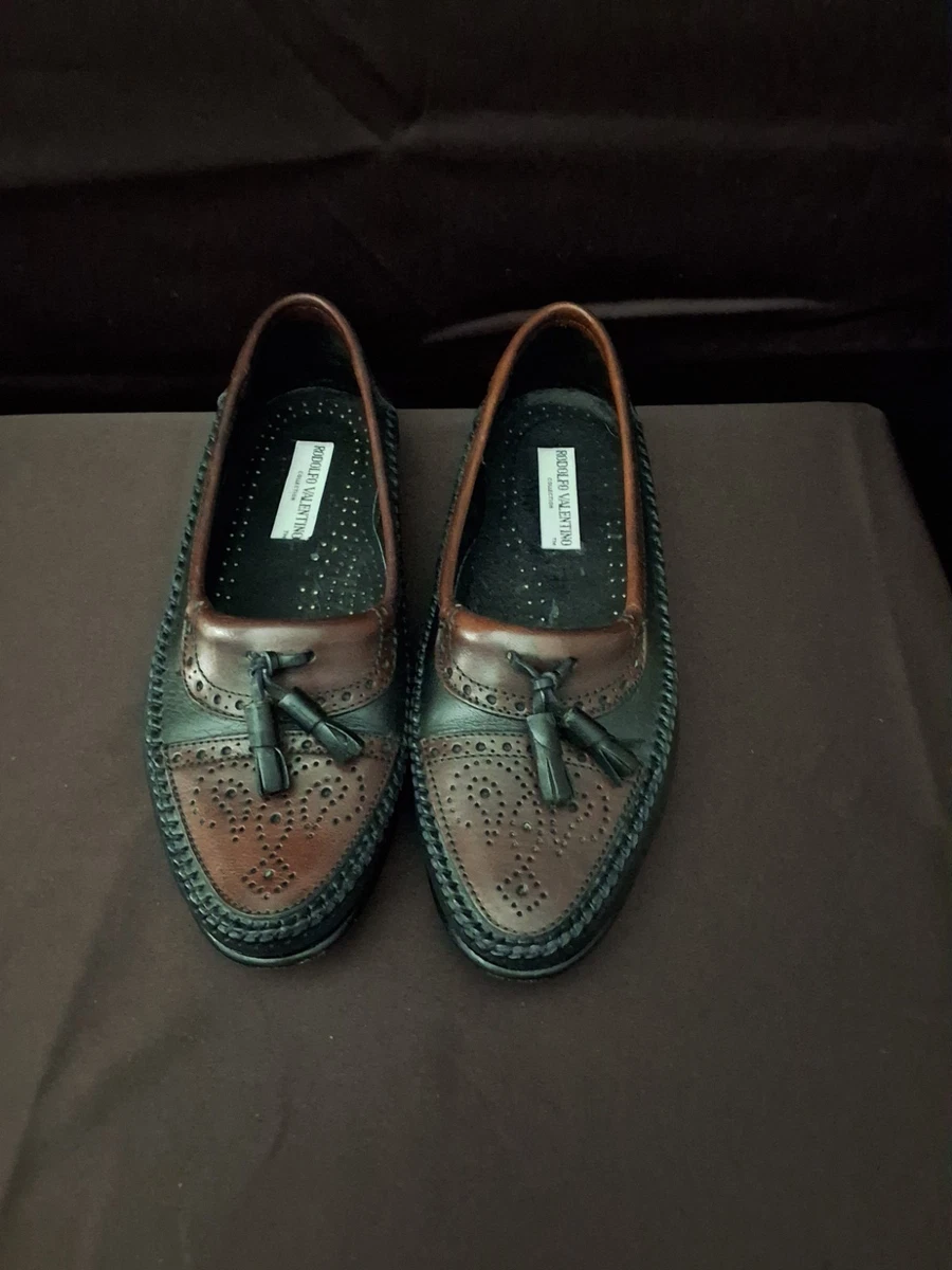 Vintage Rodolfo Valentino Tan Woven Leather Brogue Wingtip Tassel Loafers, 8.5 Vintage Rodolfo Valentino Dark Brown Tassle Loafers | Men main image 3