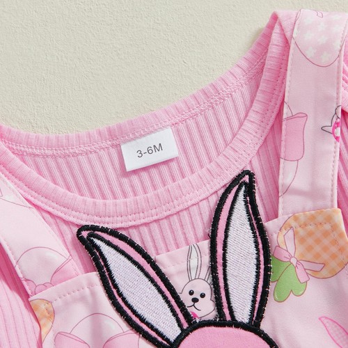 Baby Girl Easter Dress Outfit Ribbed Ruffle Romper Bunny Suspender Skirt Head... - Foto 4 di 7