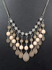 Boho Brown Teardrop Charm Fringe Bib Statement Necklace Rhinestone Silver Tone