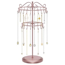 2 Tier Rotating Necklace Holder Organizer with 42 Hooks, Adjustable Metal Bra...