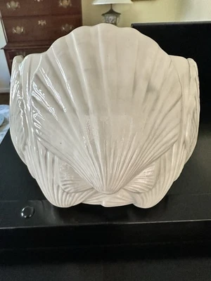 Vintage White Glazed Ceramic Clam Shell Planter Large 8.5" Scallop Bowl Coastal - Image 1 of 4