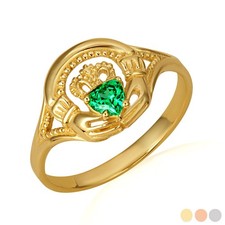 Gold Woman's Alluring Emerald Claddagh Ring Available in Yellow/Rose/White 
