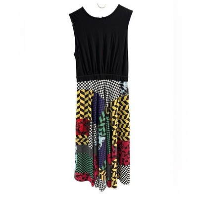 eShakti Patchwork Midi Dress Size 8 Black Multi Color Mixed Print Sleeveless