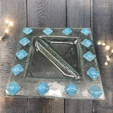 Vintage Fused Art Glass Divided Dish Tray Clear W Blue Square Edges Dish Plate