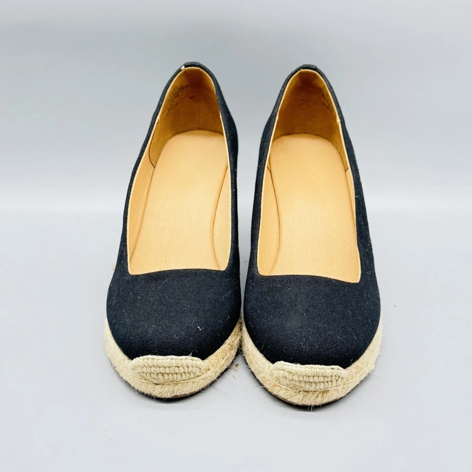 J Crew Zapatos Mujer 7 Negro Alpargata Cuña Sin Cordones Lona Plataforma Verano NUEVO Foto 2 de 4