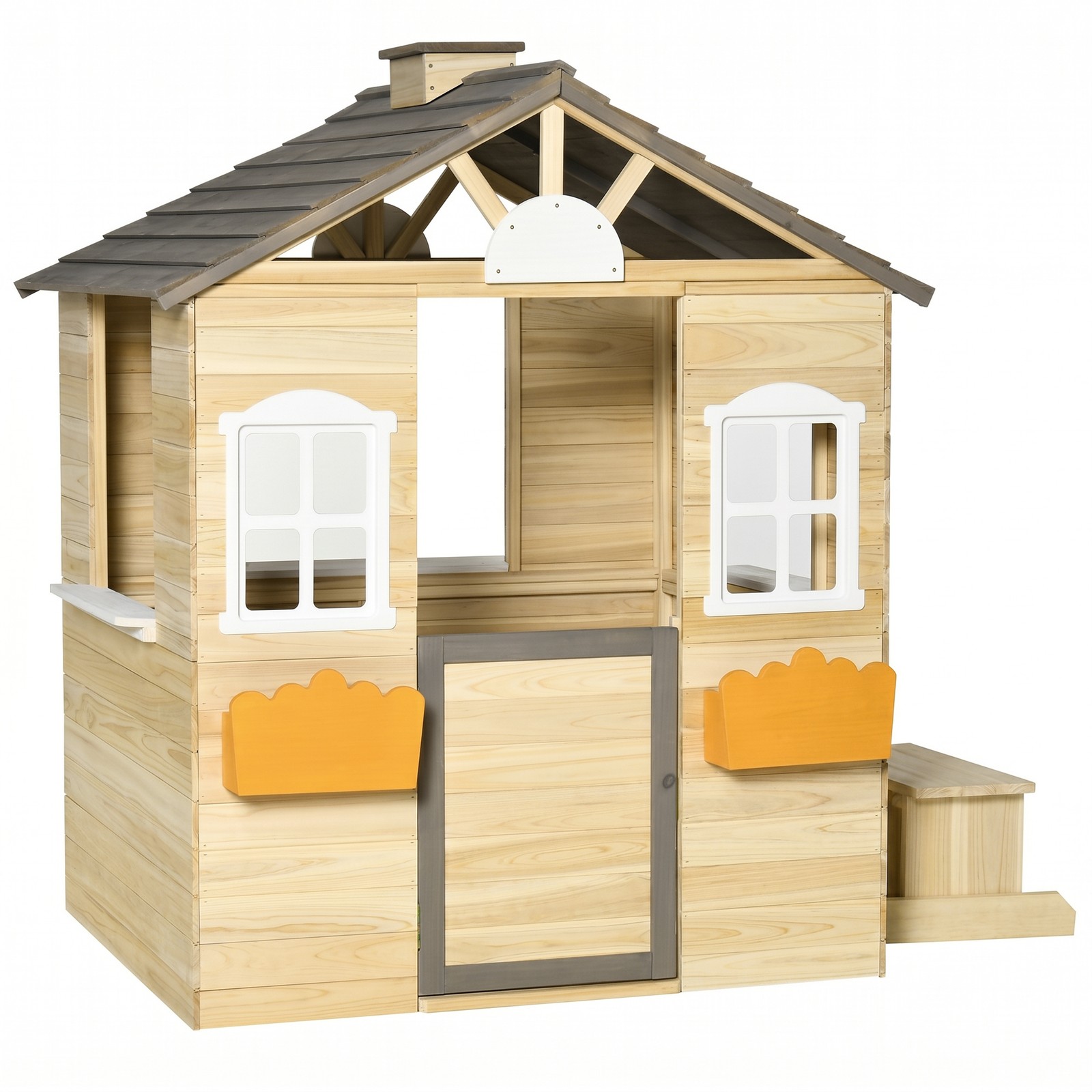 Outsunny Spielhaus für Kinder Holz Kinderspielhaus mit Briefkasten Fenster Natur