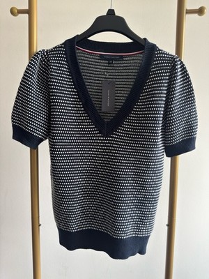 Tommy Hilfiger Women's Navy/White Striped Cotton Knit V-Neck Sweater L