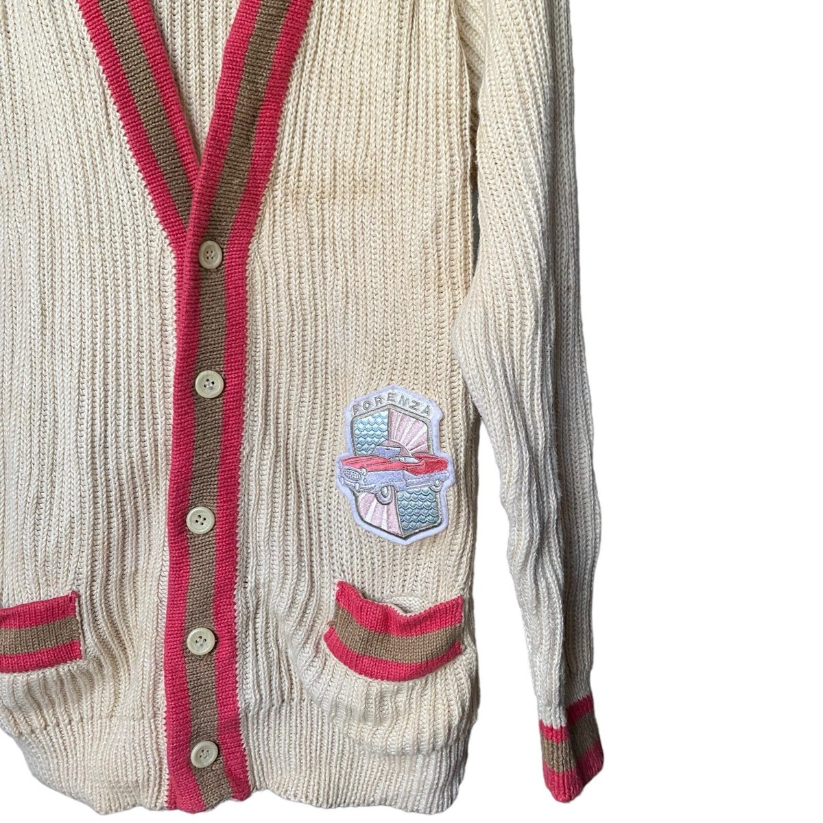 カーディガン france vintage 80s pink cardigan. Vintage 80s Forenza Sportwear Ivory Pink Heavy Knit Cardigan