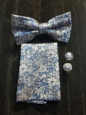 Men's Bow Tie Cuff Links & Handkerchief Coordinating Set Floral Design New