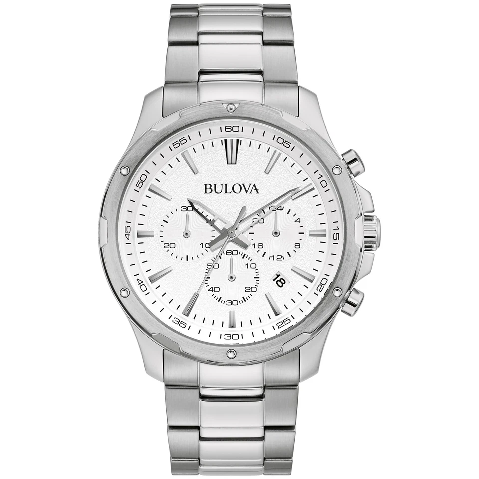 Bulova Mens Classic Chronograph Quartz Silver Stainless Steel Watch 43 MM 96B335
