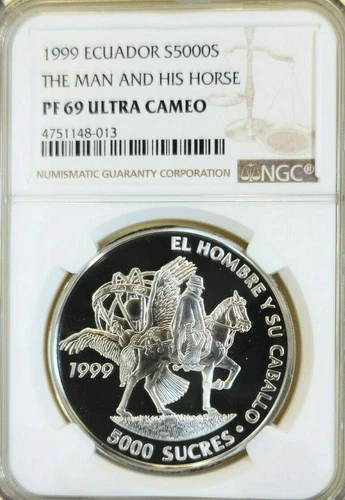1999 ECUADOR SILVER 5000 SUCRES THE MAN AND HIS HORSE NGC PF 69 ULTRA CAMEO RARE