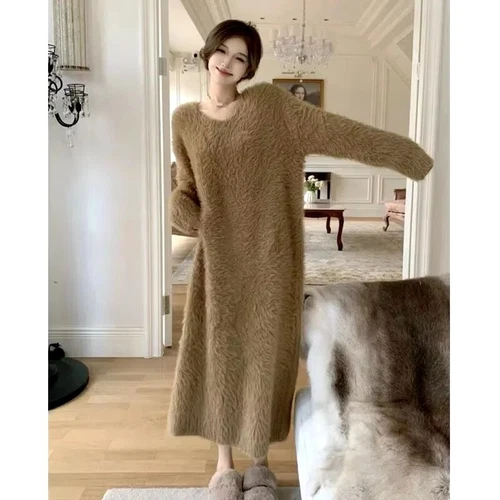 Warm Sweater Sleepshirts Plush Dress Maxi Dress Women V Neck Straight Pajamas - Imagen 14 de 16
