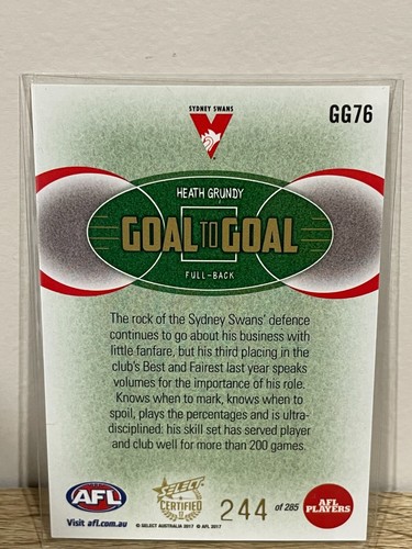 2017 AFL SELECT CERTIFIED GOAL TO GOAL SYDNEY SWANS HEATH GRUNDY #244. - Picture 2 of 2