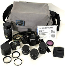Chinon CE-4 35mm SLR w/ 50mm 28mm, 3 Lenses Filters Strap Bag JAPAN, EXC  