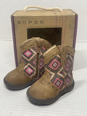 Roper Cowbabies Glitter Geo Tan Cowboy Boots 0-3 Months Size 1 Zip NEW Cowgirl