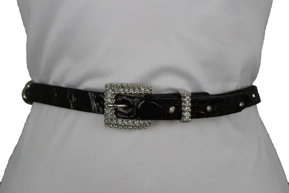 Nuevo Cinturón Mujer Marrón Ajustado Imitación Cuero Cintura Plateado Bling Metal Hebilla L Foto 4 de 4