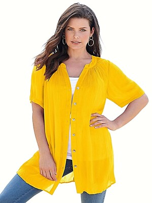 Roamans gelbe Kurzarm Angelina Tunika lang Knopfleiste Shirt UK 20-30