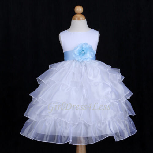 WHITE/SKY BLUE PAGEANT ORGANZA WEDDING FLOWER GIRL DRESS 12M 18M 24M 2 4 6 8 10 - Picture 1 of 2