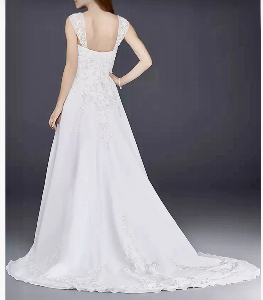 SZE 18 DAVIDS BRIDAL COLLECTIONA line Chiffon Split Front Overlay Wedding Dress - Image 2 of 3