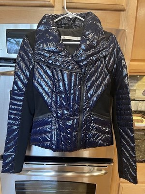 Blanc Noir Women s Down Panel Puffer Jacket Hoodie in Shiny Blue and Black. XS