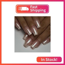 White French Tip Press on Nails - Medium Square Fake Nails with Chrome Design -