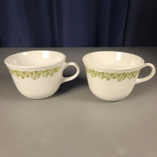 Pair of VTG 1980s Corelle Spring Blossom Green / Crazy Daisy Coffee / Tea Cups