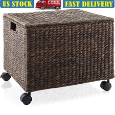 Handwoven Rolling File Cabinet Storage Organizer Water Hyacinth Basket New