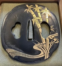 Japanese Tsuba Tosogu Bamboo Wave Pattern Antique Iron Sword Fittings Nihonto