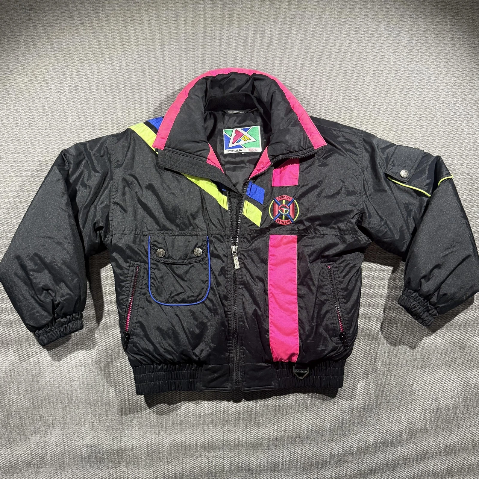 Vintage Tyrolia Jacket Youth 12 Black Neon Skiwear Colorblock Hong Kong 80s