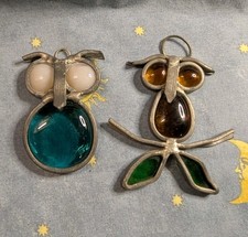 Handmade Stained Glass Owl Suncatcher - Teal Blue Green Brown Boho Folk Art Lot