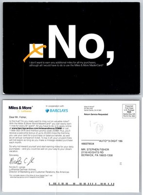 Miles & More Lufthansa Barclays Credit Card Offer Promo Mailer Postcard